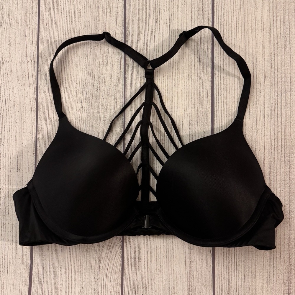 Victoria's Secret Bombshell Plunge Bra 34A Black Strappy Cage Racerback Push Up
